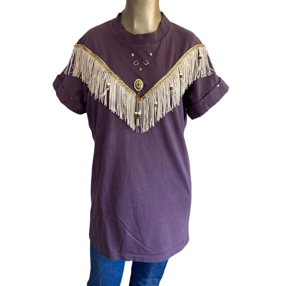 Vintage Hazelwoods Premium Heavyweight Western Fringe T-Shirt Purple Large USA
